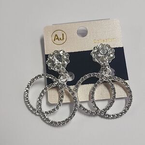 AJ Collection Clip On Earrings Silver Tone Rhinestone Circles